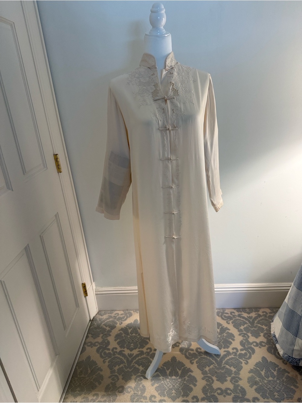 Silk Cream Women's dressing gown with exquisite embroidery Hand Made Hong Kong.